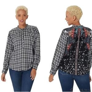 NWT Tolani Collection ADYNA Plaid Top Shirt Printed Velvet Black Long Sl…